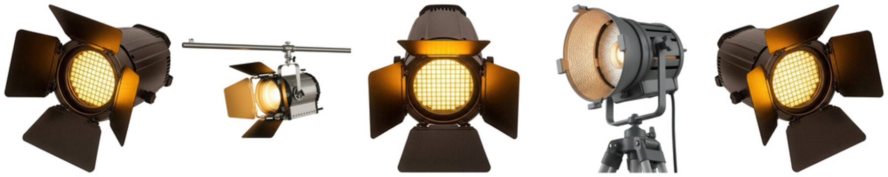 Professional studio lights, including various spot and flood lamps emitting a warm yellow glow.