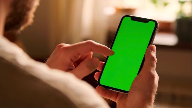 Person using a smartphone with a blank green screen display, suitable for technology concepts, app promotion, user interface design, and mobile content marketing.
