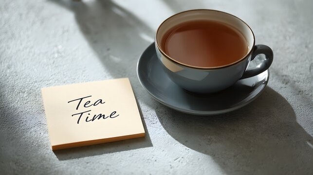 Tea cup with tea time note.