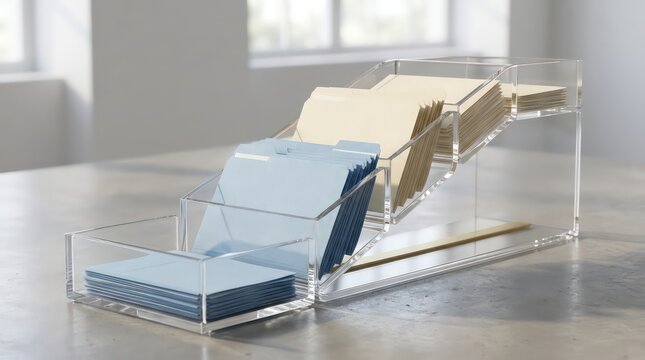 Transparent acrylic admissions review pathway with blue applicant folders and ivory acceptance dossiers in clean academic administration background with copy space