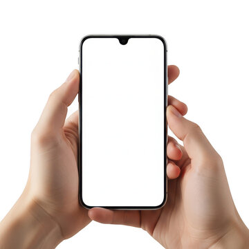 A hand holding a smartphone displaying a blank white screen isolated on transparent background,png