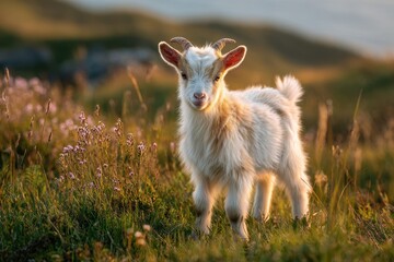 Naklejka premium Curious baby goat standing on fresh green grass under warm morning light