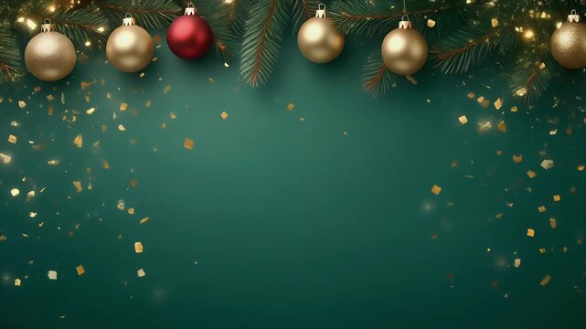 Golden and Red Christmas Ornaments Hanging on Dark Pine Garland with Glitter