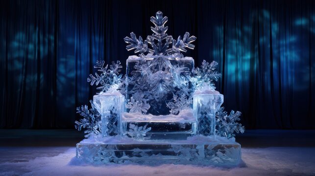 Crystal throne carved from ice with grand snowflakes, dramatic lighting, and a stark dark background
