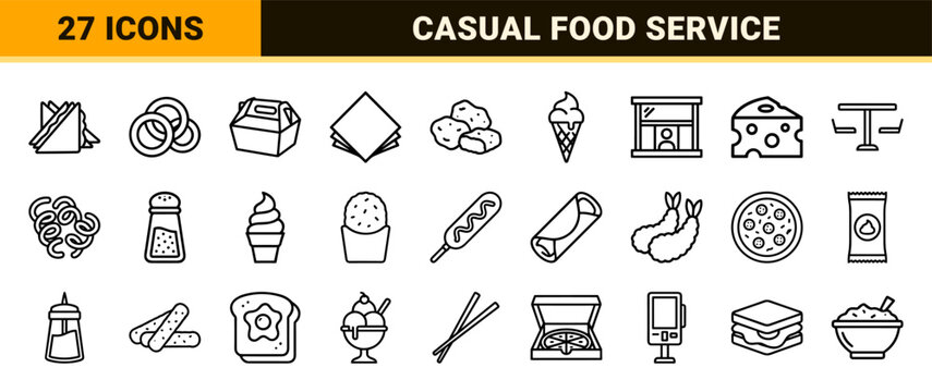 Fast Food and Quick Service Restaurant Outline Icon Set Featuring Minimalist Monoline Geometric Line Art for Menu and Branding Design.