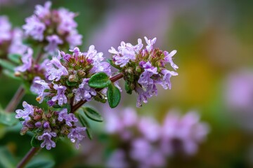 Obraz premium Delicate thyme flowers in macro detail with tiny petals and green leaves
