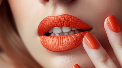 Naklejka premium A hyper-realistic close-up of a woman's lips, coated with matte coral orange lipstick, reflecting soft light for a bright and summery effect.