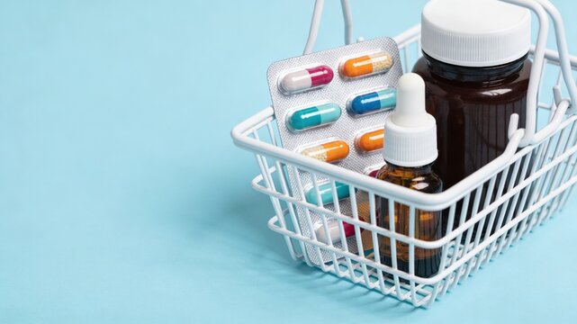 close-up of miniature shopping basket with medicinal products on smooth pastel blue background. concept of health care, cold and flu season, or pharmaceutical advertising