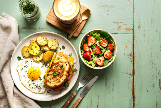 Healthy breakfast plate with fried egg , sandwich , fried potatoes, strawberry salad and coffee late in flat lay food with copy space