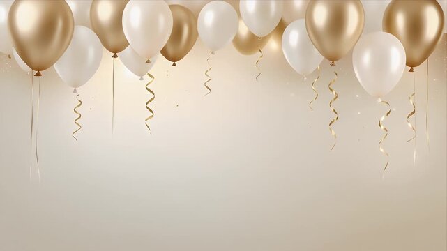 Floating Gold and White Balloons with Metallic Streamers in Soft Light Studio Setting