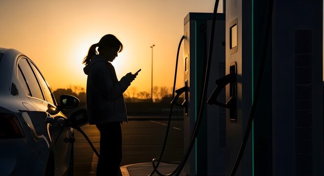 Silhouette of a woman using her smartphone while her electric car charges at a station during a vibrant sunset.