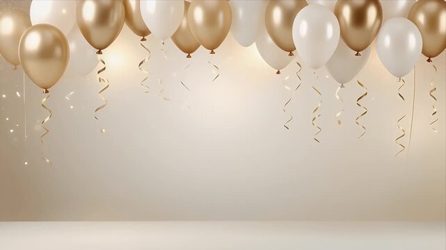 Floating Gold and White Balloons with Glitter Confetti Against Soft Beige Background