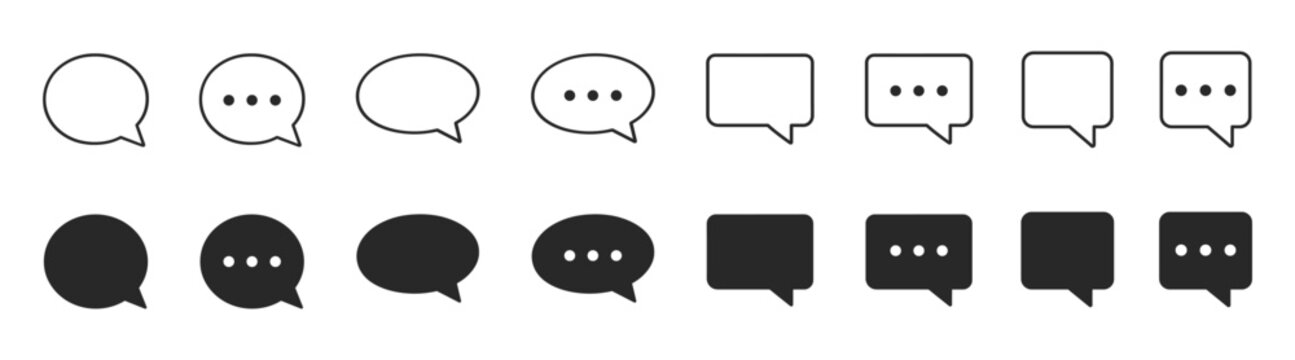 Chat bubble icon set, speech and message symbols, outline and filled communication collection for UI, app and web design on transparent background