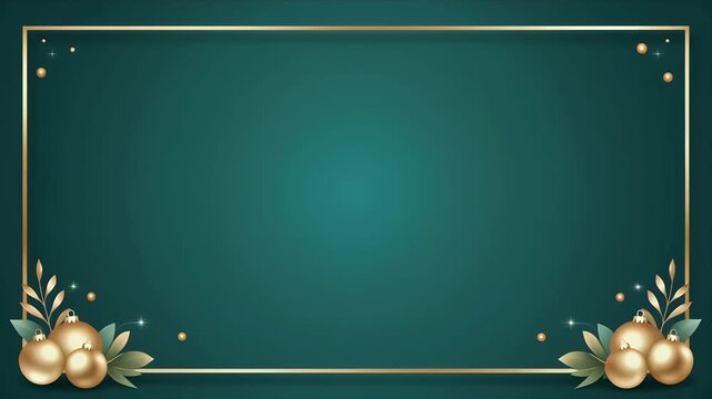 Empty Dark Green Frame with Gold Pinecones and Eucalyptus Leaves on Teal Gradient Background