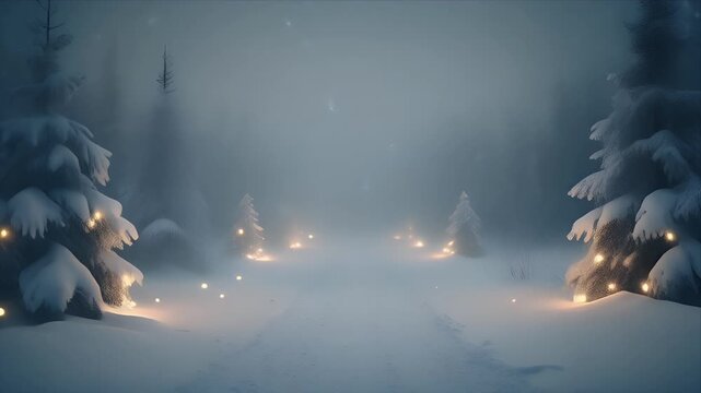 Snowy Forest Path Illuminated by Lanterns in Mystical Winter Atmosphere
