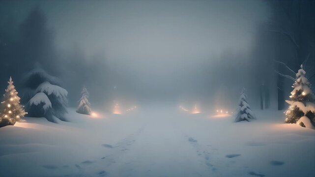 Snowy Winter Forest Scene with Glowing Lanterns and Foggy Atmosphere