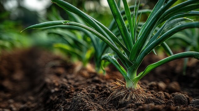 fresh green garlic scapes in farm rows with soil texture visible, organic farming, natural agricultural scene