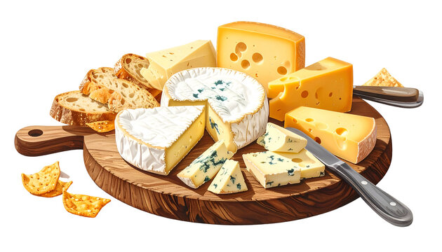 Variety of cheeses and crackers artfully arranged on a wooden board with bread