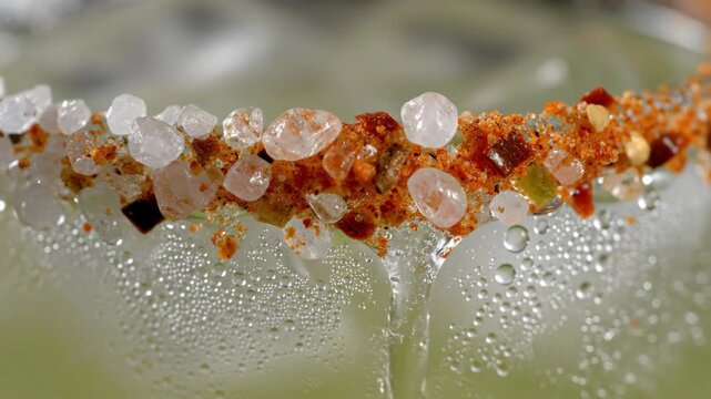 Refreshing macro view of spicy salt rim on chilled glass, showcasing expert mixology in art of creating zesty party cocktail
