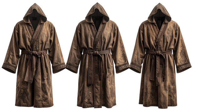 Three brown hooded robes with belts, in differing tones, isolated on a transparent background
