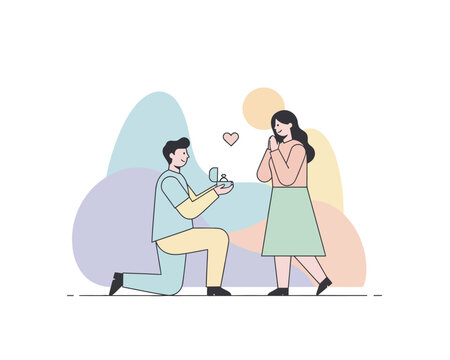 A man proposing marriage to a surprised woman with a ring box, surrounded by abstract pastel shapes and a floating heart.