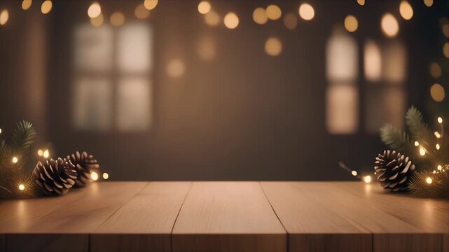 Cozy Warm Holiday Decor with Lit Pinecones and Soft Bokeh Lights on Wooden Table