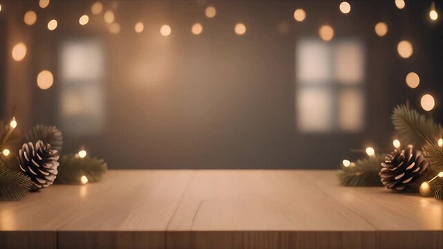 Decorative pine cones on wooden table with warm string lights background cozy ambiance