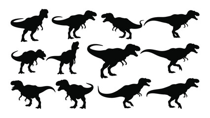 A collection of black dinosaur silhouettes in various poses showcasing the iconic tyrannosaurus rex silhouette high quality professional detailed modern elegant © JASMIN