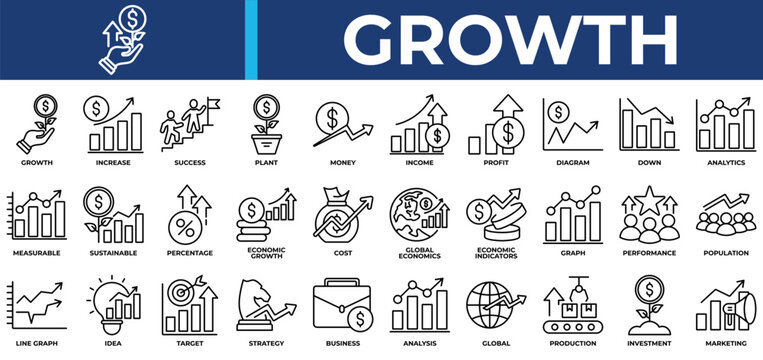 Growth icon set collection. Containing value, increase, profit, performance, planning, diagram, graph .Line vector icons collection