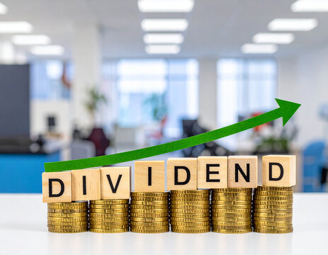 Holzklötze bilden das Wort "Dividend" auf Münzstapel , mit einem steigenden grünen Pfeil.