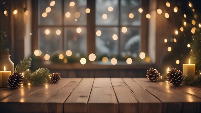 Cozy Winter Holiday Table Setting with Warm String Lights and Candles on Wooden Surface