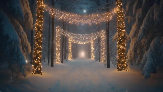 Twinkling Fairy Lights Illuminating Snow-Covered Winter Tunnel with Sparkling Decorations