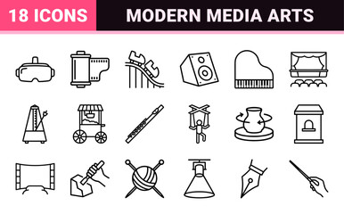 Fototapeta premium Entertainment and Performing Arts Minimalist Monoline Icon Set featuring Geometric Line Art for Cinema, Music, and Creative Hobbies.