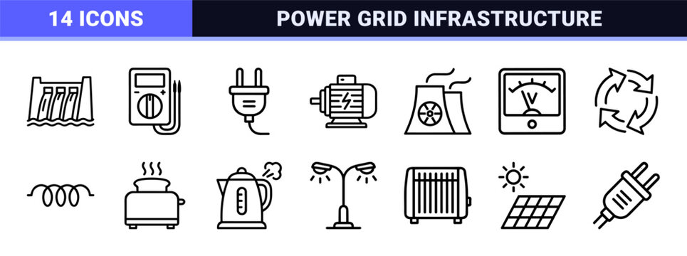Electrical Engineering and Power Grid Infrastructure Minimalist Monoline Outline Icons for Industrial Energy and Utility System Design