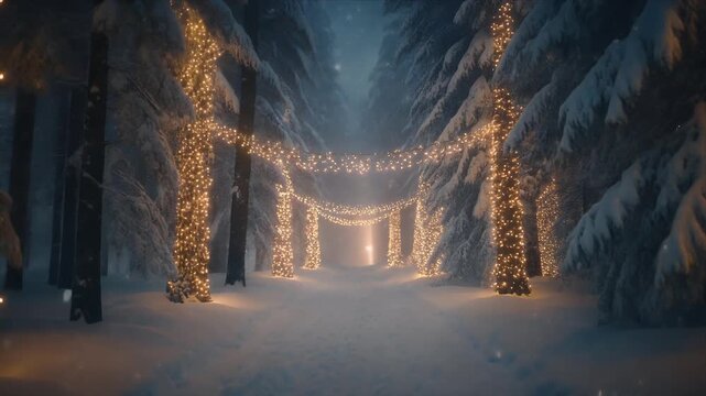 Twinkling String Lights Illuminating Snowy Forest Path in Winter Night