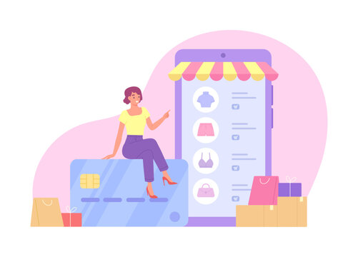 Woman uses credit card for online shopping app or website. Digital payment for online purchase. Concept of e-commerce, online shopping, payment method, lifestyle. Flat vector illustration.