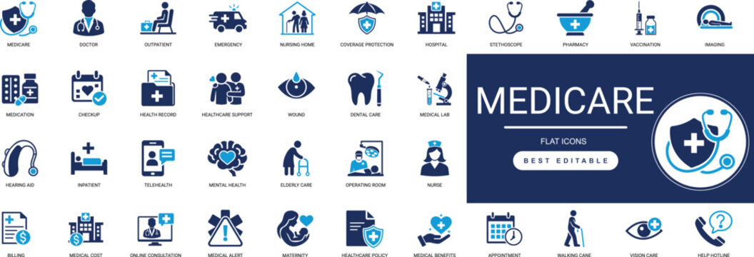 Medicare Solid Icon Set. Insurance, Healthcare, Senior, Elderly, Benefit, Coverage, Policy. Editable Vector Illustration .