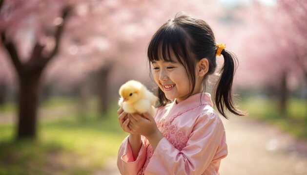 A sweet Asian girl carefully holds a fluffy chick against a backdrop of blooming pink trees. This delicate spring scene conveys warmth, care, childlike tenderness, and the awakening of nature.