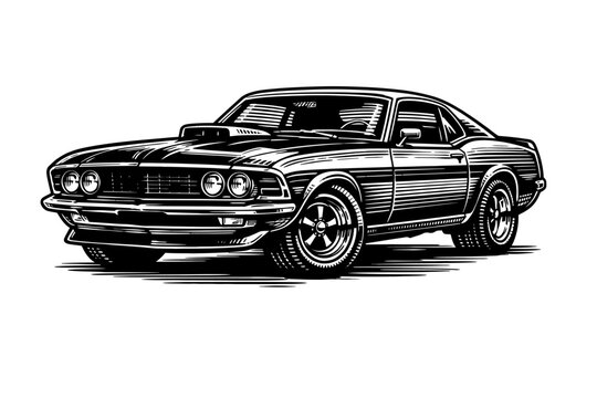 Powerful 1969-1970 Ford Mustang muscle car, a timeless American automotive legend, rendered in a detailed black and white vintage woodcut-style vector illustration. Perfect for enthusiasts, retro desi