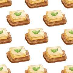 Hand drawn vintage seamless pattern of butter block on bread slice with mint leaf repeated food background illustration © Mariia Mazaeva