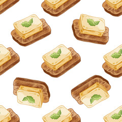 Hand drawn vintage seamless pattern of butter block on bread slice with mint leaf repeated food background illustration © Mariia Mazaeva