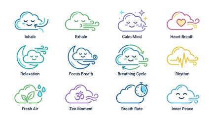 Obraz premium Collection of cute cloud illustrations representing different breathing techniques and mindfulness concepts