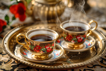 Fototapeta premium Traditional Turkish coffee in decorative cups on golden tray with steam, oriental coffee ceremony