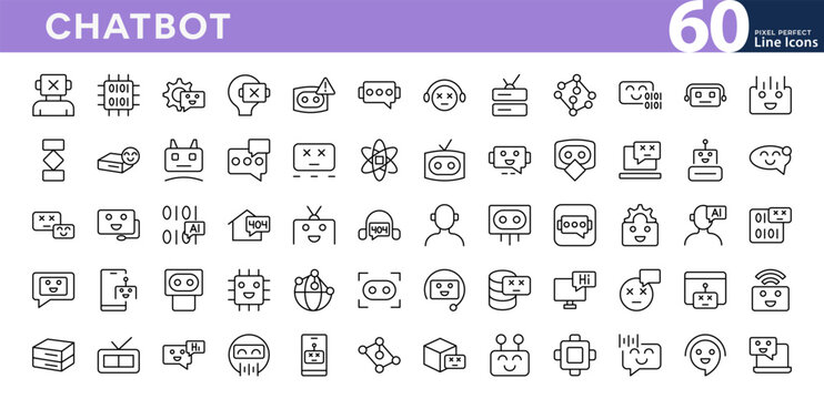 Chatbot line icon set. Automation, data science, neural networks, robotics, tech, artificial intelligence, AI, technology, communication outline vector icons. Editable stroke