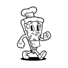 Whimsical Cartoon Pizza Slice Chef Walking with a Happy Expression - Retro Mascot Illustration © Mithu