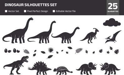 Dinosaur silhouettes set, prehistoric animals collection, T rex, triceratops, stegosaurus, brachiosaurus and pterodactyl vector icons with fossils and leaves for education design © GeetaRani