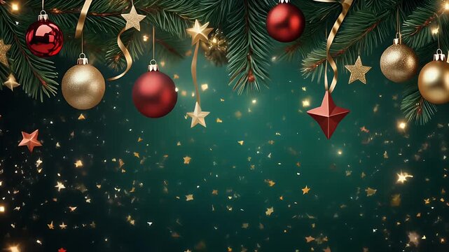 Hanging Christmas ornaments on dark green pine tree branches with festive lights and bokeh background