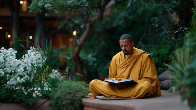 Hindu priest teaching yoga philosophy to international students in garden ashram, ancient texts open beside flowering plants, bridging traditional wisdom with modern wellness seekers, ideal for spir