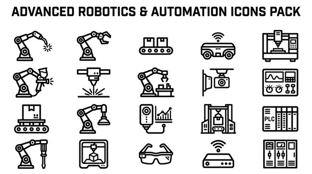A versatile set of black line icons representing modern industrial robotics, automation systems, smart manufacturing, and digital factory concepts.