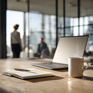 Business Professional Working at Laptop in Modern Ofice with Large Windows